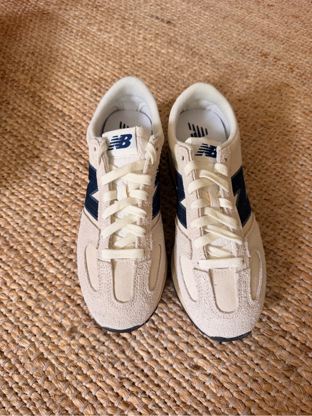 New Balance Women’s Cream Suede Sneakers with Navy Logo